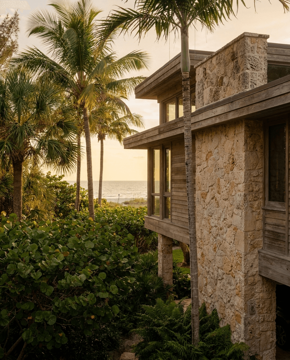 A serene waterfront estate courtyard at dusk