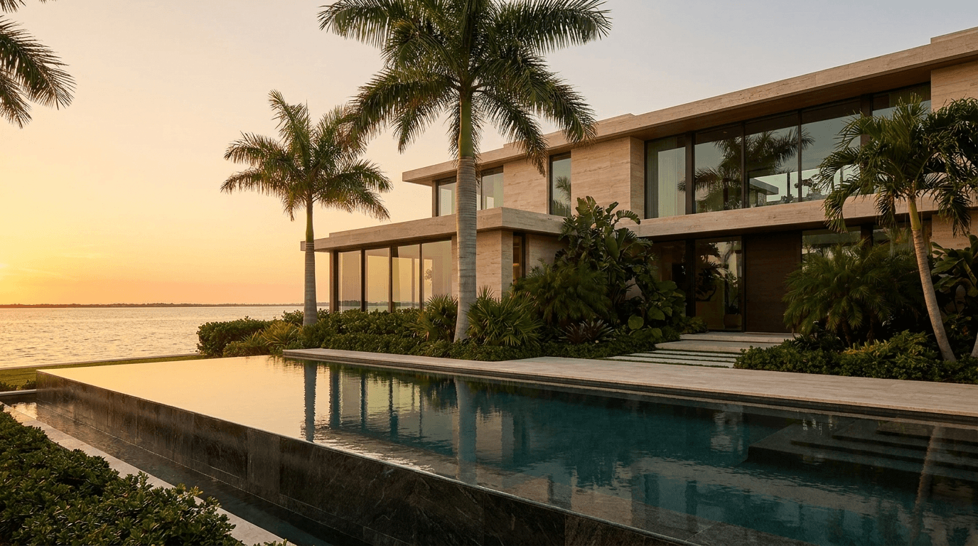 A Gulf-front estate on a Sarasota barrier island at golden hour